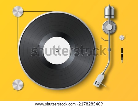 Realistic vinyl record player background. Retro gramophone LP record. Top view. Detailed vintage turntable with vinyl record. Sound equipment. Concept for sound, entertainment. 3d vector illustration