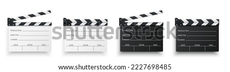 Realistic movie clapper board set. White, black and open, closed clapboards. Filmmaking, video production industry equipment. Movie, cinema, film symbol concept. Director clapboard. Vector