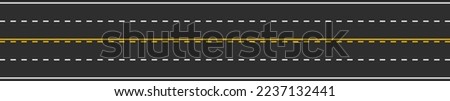 Seamless four-lane traffic road marking with dashed white lines and yellow solid and dashed lines. Horizontal straight asphalt road. Top view. Template design for educational websites. Vector