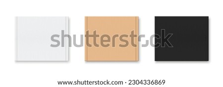 Cardboard box realistic set. Top view. White, brown, black delivery packaging boxes collection. Warehouse goods. Sealed box for post transport, warehouse, storage. Mockup design. Vector illustration