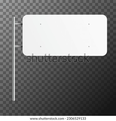 Realistic white road sign hanging on side metal pole. Rectangular blank highway empty board with place for text. Directional wayfinder, signpost symbol. Mockup for your design. Vector illustration