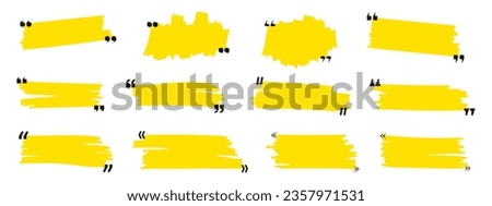 Hand drawn marker lines with quote signs set. Yellow strokes and quotes marks. Collection of colorful design elements. Speech mark symbol. Vector illustration