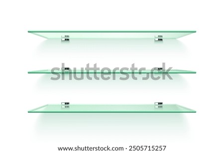 Realistic glass shelves with fasteners. Interior room with acrylic shelves. Template design for modern, rectangular, horizontal wall furniture. Empty bookshelf. 3d vector illustration