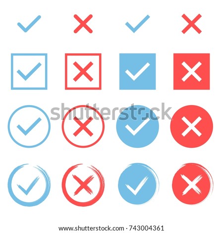 Set of che?k marks. Blue tick and red cross. YES or NO accept and decline symbol. Buttons for vote, election choice. Empty, square frame, circle and brush. Check mark OK and X icon. Vector Stock foto © 