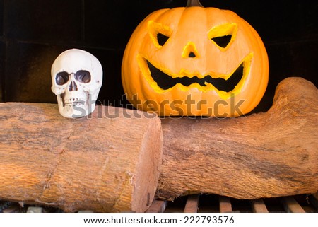 Halloween pumpkin in a fireplace