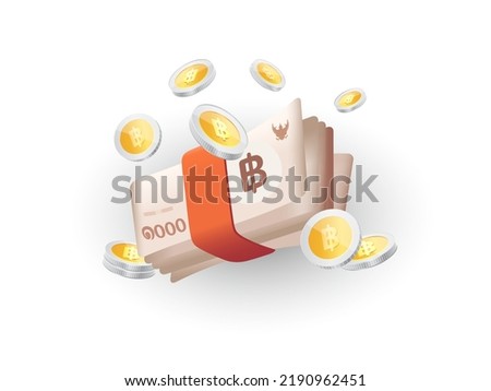 Thai baht paper, Thai money coins, Thai currency, banknotes vector illustration