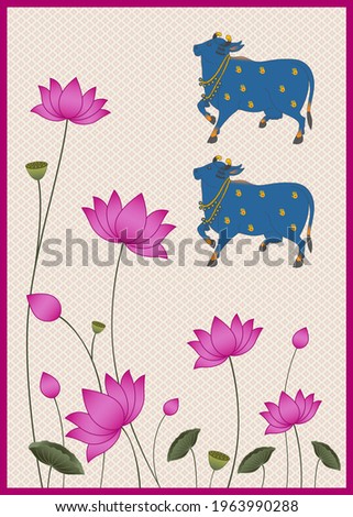A Beautiful Indian Cow Pichwai Digital Painting with Pink Lotus for Interior Wall Decoration. Modern Cow Illustration Backdrop Design. 