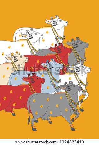 A Beautiful Indian Colorful Cow Illustration Represent Pichwai Art with Yellow Background. Cow Poster for Home Decoration. 