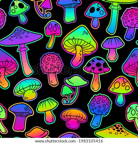 Seamless illustration with mushrooms, bright psychedelic colors