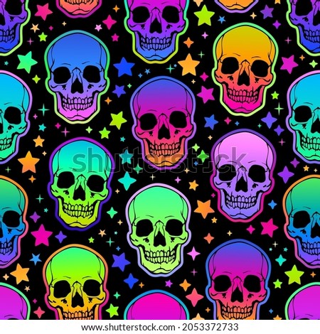 seamless illustration of neon bright human skulls