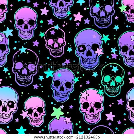 seamless illustration of bright human skulls and stars