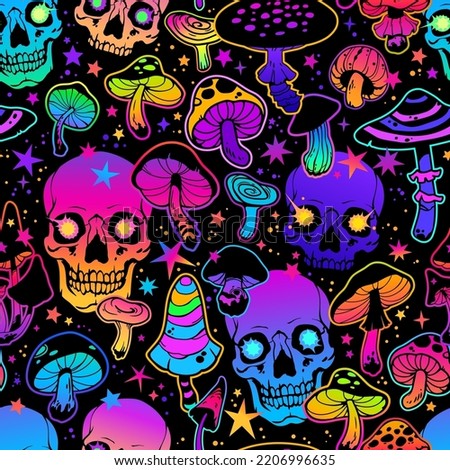 seamless pattern bright psychedelic mushrooms and skulls