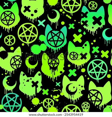 Bright seamless pattern. Silhouettes of cat heads and drops of paint