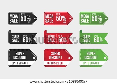 Mega sale badge with green, black, and red color. Big sale special offer, Super Sale badge. Super discount coupon vector. Sale badge set. Discount tag collection. Set labels with inscription. 