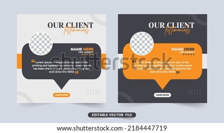 Customer service feedback testimonial template with yellow and dark color. Client testimonials and quote layout design with a photo placeholder. Customer feedback testimonial with star rating section.