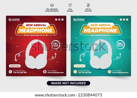 New arrival headphone brand promotion template with discount offer section. Modern headphone social media post vector with red and aqua colors. Special headphone sale web banner design for marketing.