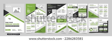 Creative real estate magazine template vector with green and dark colors. Home selling business promotional booklet layout design with photo placeholders. House-selling real estate agency brochure.