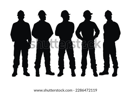 Male bricklayer silhouette bundles wearing construction uniforms vector. Male Mason silhouette collection with different poses. Man construction worker silhouette set standing in different poses.