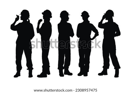 Female mechanic standing in different position silhouette set vector. Modern mechanic girls with anonymous faces silhouette. Woman mechanics wearing uniforms. Mechanic silhouette on white background.