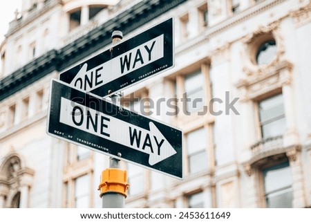 Similar – Image, Stock Photo One-way street signs at the corner of a house. One-way street