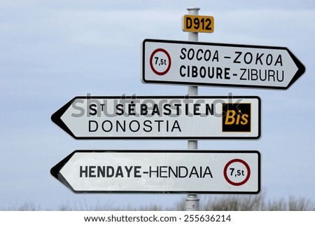 Road signs in the Basque Country that borders Spain and France point to various towns in the area.