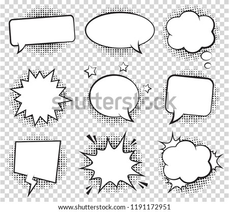 Retro empty comic bubbles and elements set with black halftone shadows on transparent background. Vector illustration, vintage design, pop art style.