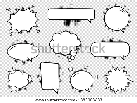 Retro empty comic bubbles and elements set with black halftone shadows on transparent background. Vector illustration, vintage design, pop art style. 商業照片 © 