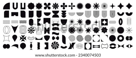 Collection of black brutal contemporary elements spiral flower star oval circle and other shapes. Abstract minimal geometric elements shapes and grids set. Brutalist design. Vector illustration