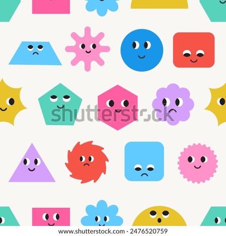 Seamless pattern of basic Geometric Figures with face emotions. Set of different shapes square, circle, rectangle, flower, star etc. Funny characters background. Cute vector illustration for kids