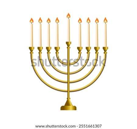 Hanukkah isolated Golden realistic menorah, candlestick with burning candles, traditional Hanukkah  candelabrum, Jewish decoration, Vector illustration