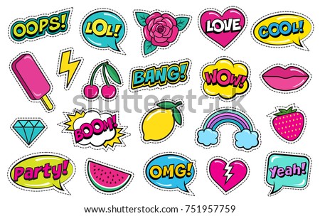 Modern cute colorful patch set on white background. Fashion patches of cherry, strawberry, watermelon, lips, rose flower, rainbow, hearts, comic bubbles etc. Cartoon 80s-90s style. Vector illustration