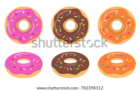 Colorful pink, chocolate, orange glazed donut set on white background. The view from the top and from the side. Vector illustration