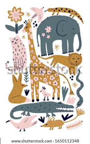 Vector illustration of cute wild safari African animals. Including leopard, lion, giraffe, fox, birds, snake, salamander lizard and more. Funny cartoon doodle characters in scandinavian style. Kids
