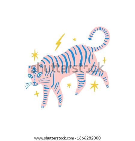 Modern boho single isolated tiger in funky contemporary abstract collage memphis style. Stripes and stars. Vector illustration EPS