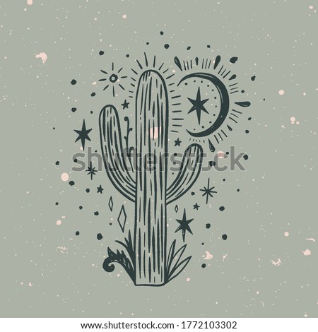 Wild cactus. Desert Arizona moonchild. Vintage concept. Mexico culture. Harmony and zen. Crescent moon magic. Vector illustration.