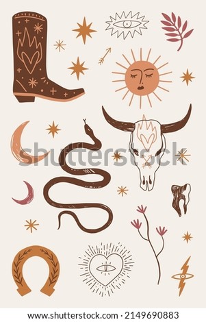 Western boho cowgirl set blogger vector stickers pack wild west
