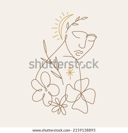 One line drawing girl linear logo or icon art boho sacred magic woman mystical symbol flat holistic healing meditation reiki new age esoteric concept modern abstract silhouette