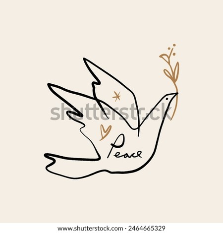 Line art minimalistic dove logo or label. Flying pigeon ink sketch drawing. Celestial constellation folk bird illustration. Good for greeting card, banner, flyer, poster, wall handing and room decor.