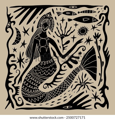 Cartoon linocut vintage ethnic mermaid princess, boho character mascot groovy whimsical flat art. Doodle stellar celestial details. Hand-drawn mystical bohemian composition. Mythology totem concept