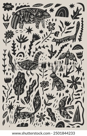 Vector nursery folk illustration of cute different woodland animals. Collection Including ornate bear, fox, birds, hare or rabbit, wild goose, weasel or marten, snake, thrush and other birds. Collage