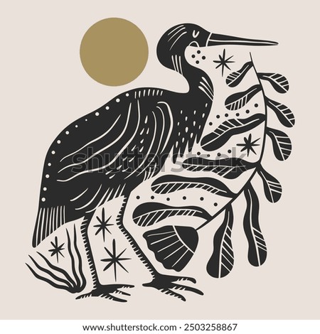 Crane or heron bird and flowers in monochrome ethnic ornate Scandinavian folk tribal flat style, floral elements set. Wild animal, minimalistic drawing. Clip-art cute childish nursery countryside or