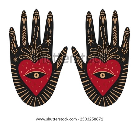 Magical boho patterned hand art mystical meditation witchcraft sacred symbol. Hamsa magical palm with Nazar eye shaped amulet inside. Illustration for yoga and reiki, holistic medicine spiritual