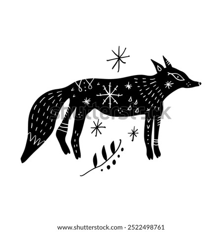 Folk fox illustration, ornate abstract isolated animal folktale concept. Scandinavian rustic slavic linocut style decorative element. Vector running beast silhouette design clipart