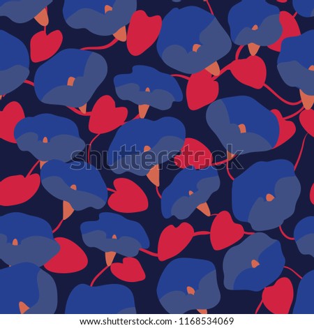 Seamless floral vector pattern. Blue morning glory flowers and red leaves on black background. Bright colors. Classic blue and navy colors. Ipomoea plant.