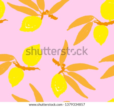 Seamless vector pattern with lemons, branch and leaves. Neon yellow, pink and orange. Clashing bold colors. Summer fun print. Retro feel painting.