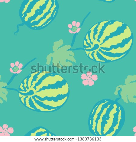 Seamless vector pattern with watermelon plant - leaves, fruits and flowers. Bright neon pastel colors - aqua, green, yellow and pink. Summer fun fruit illustration.