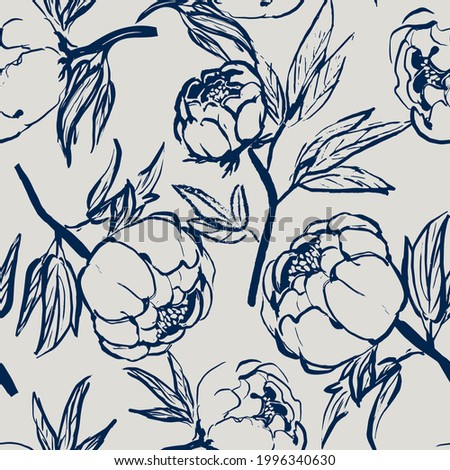 Hand drawn vector seamless floral pattern with loose blue outlined flowers on off white background. Peony flower plant with leaves and stem. All over sketchy print. Ink brush strokes style.