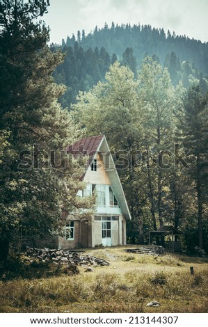 Small house in the forest in Caucasus mountains, Georgia. Toned picture
