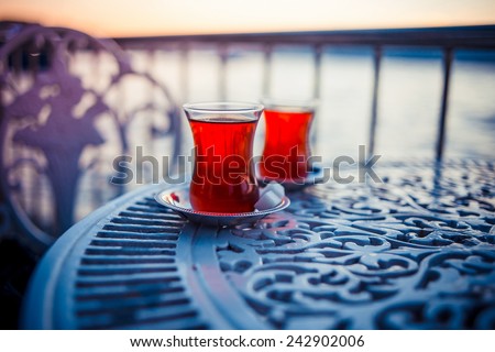 Turkish tea is served in a cafe with Bosphorus view in Istanbul, Turkey.
