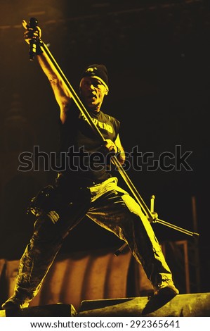 MOSCOW, RUSSIA - FEBRUARY 11, 2011: British heavy-metal band Iron Maiden performing live at \
Olimpiyskiy stadium in Moscow, Russia. Toned image